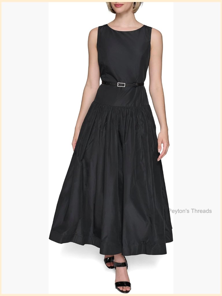 Sleeveless Taffeta Belted Drop Waist Midi Dress With Pockets